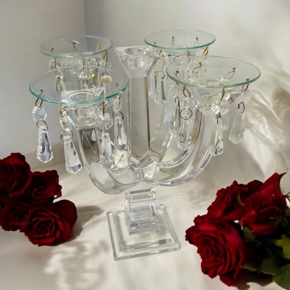 Elegant Crystal-Look 4-Arm Candelabra With Hanging Glass Prisms  9 1/2 x 9" - Picture 1 of 7